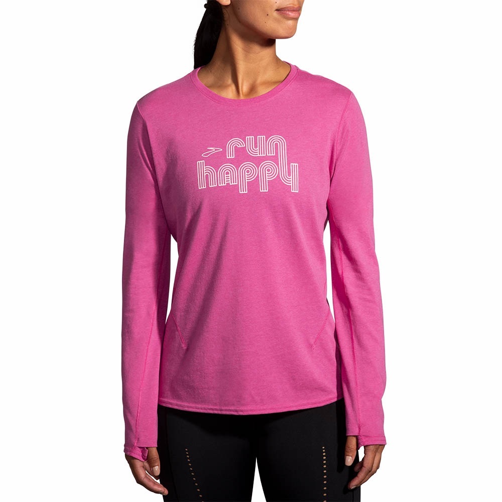 Brooks Women’s Distance Long Sleeve 2.0 Pink 'Run Happy' Shirt Size XL